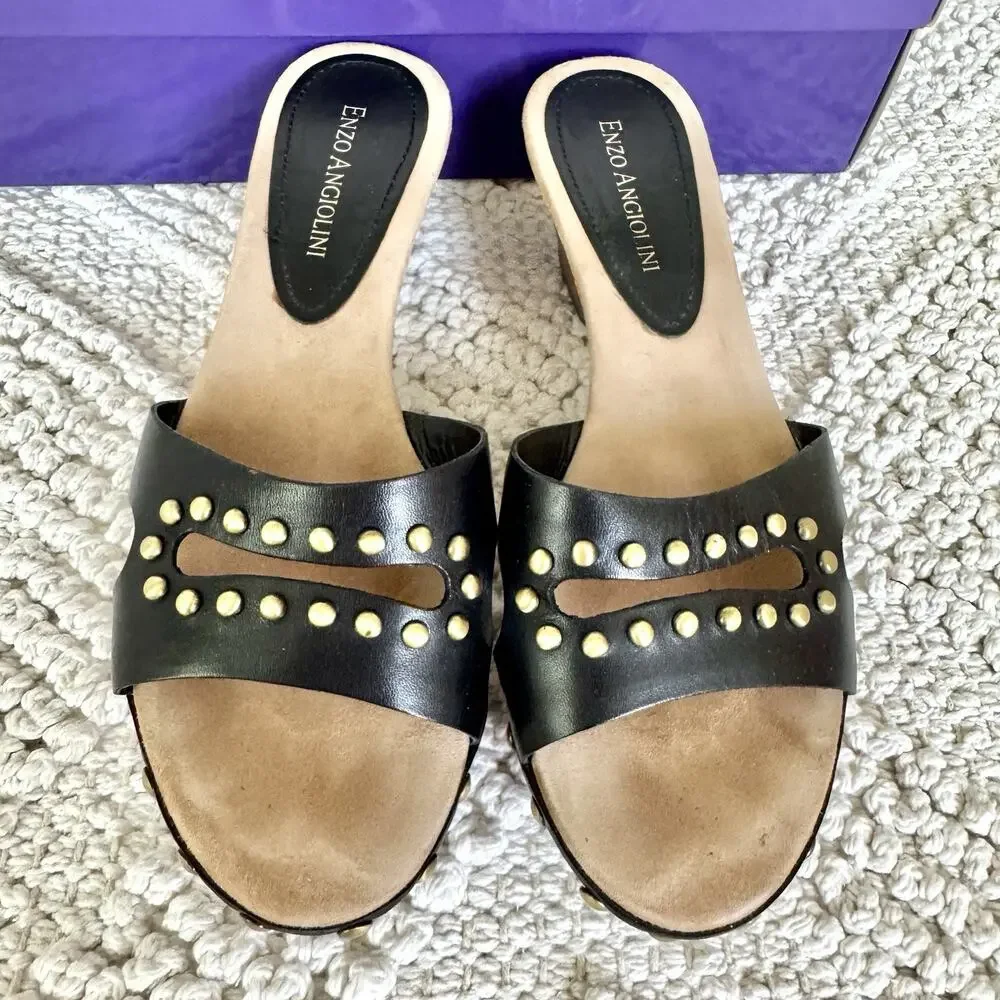 Enzo Angiolini Womens 5.5 Black Sandals Wood Heel Slide On Strap Fashion Y2k 90s